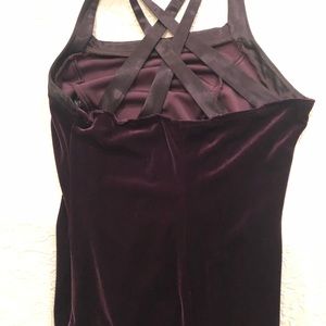 Burgandy velour dress with black satan trim